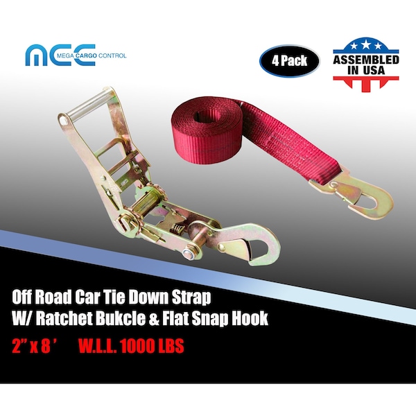2" x 8' Off-Road Ratchet Tie Down Strap w/Snap Hook Auto Hauler Tow Truck Red, 4PK